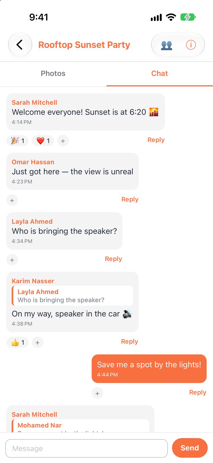 Event chat with named messages, a quoted reply and reactions