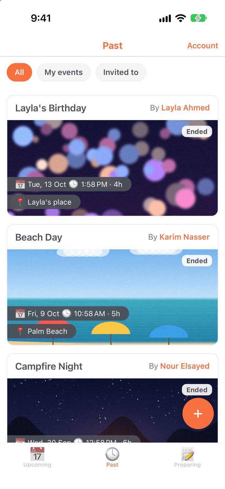Past events list: a birthday, a beach day and a campfire night, each with a cover photo