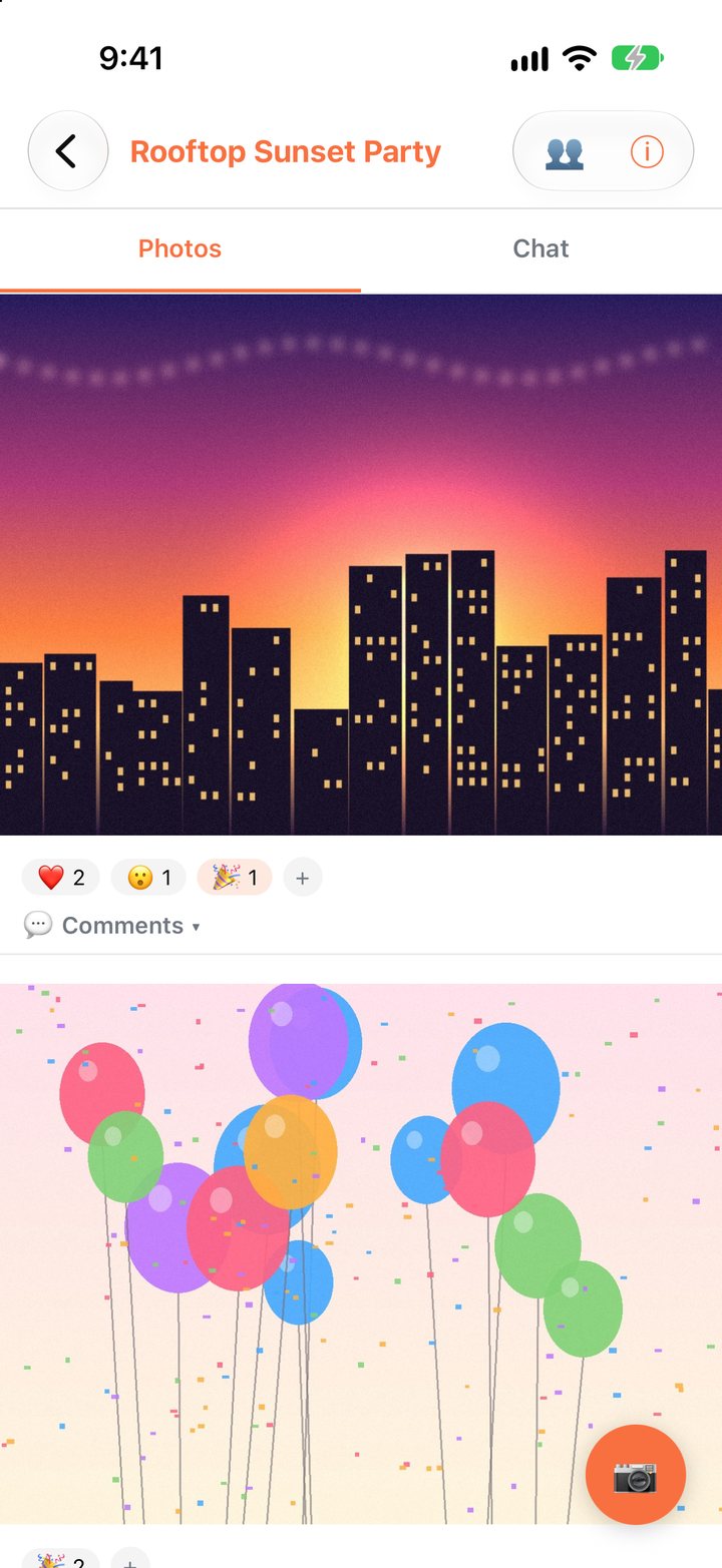Photo feed for a rooftop party with reactions under each photo